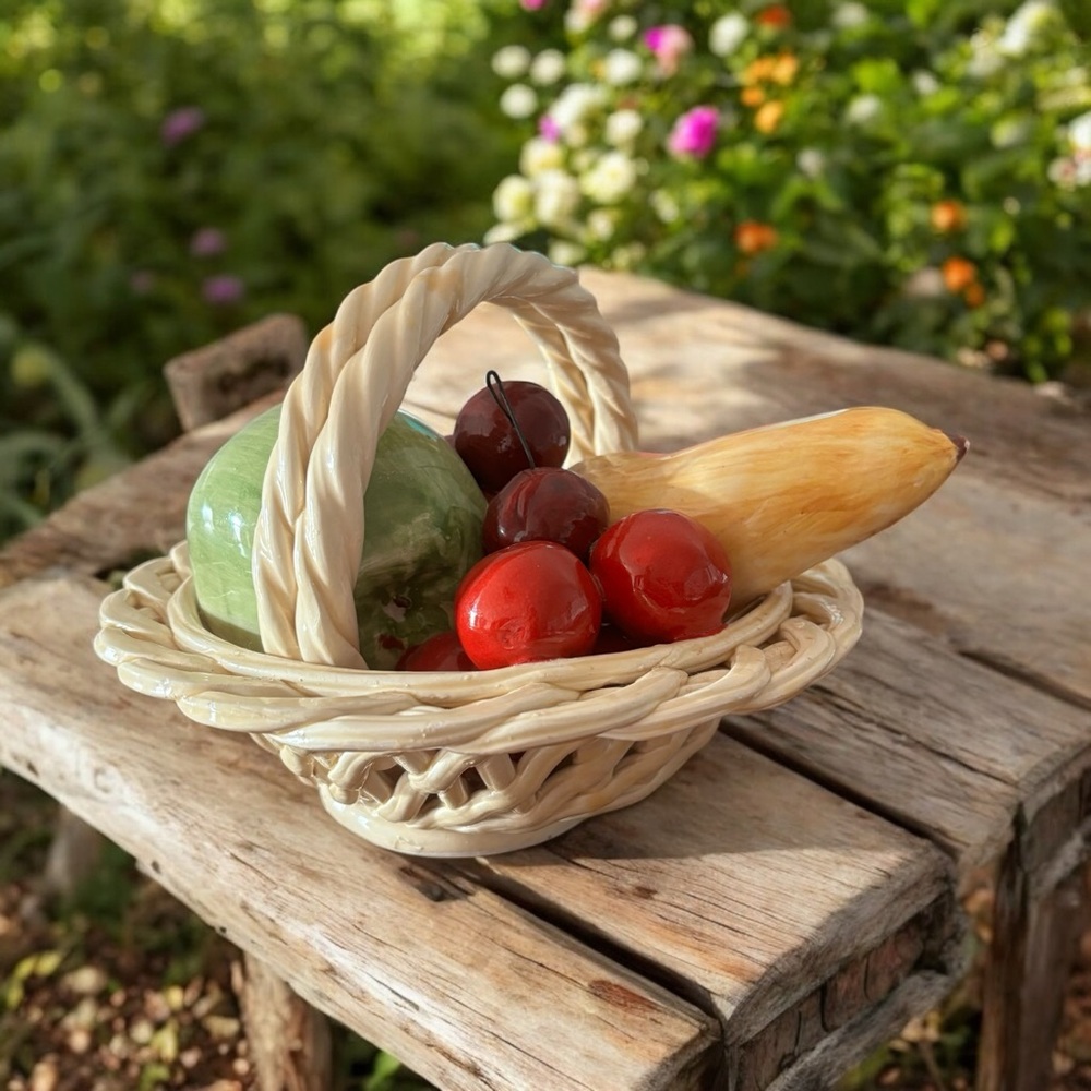 Vintage MCM Ceramic Fruit Basket Cherries Made In Italy